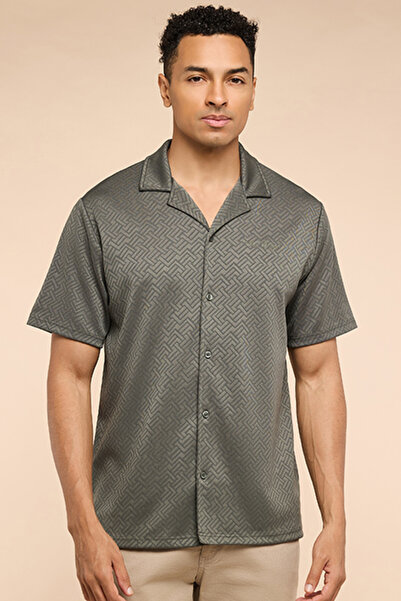R&B Patterned Shirt with Revere Collar and Short Sleeves