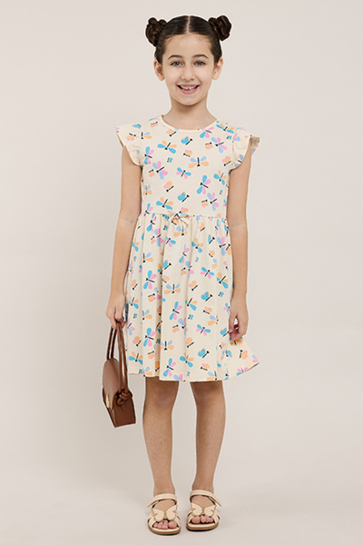 R&B Printed Knit Dress with Crew Neck and Flutter Sleeves
