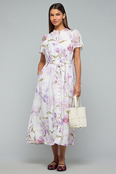 R&B Floral Printed Flared Dress with Stand Collar and Flared Sleeves