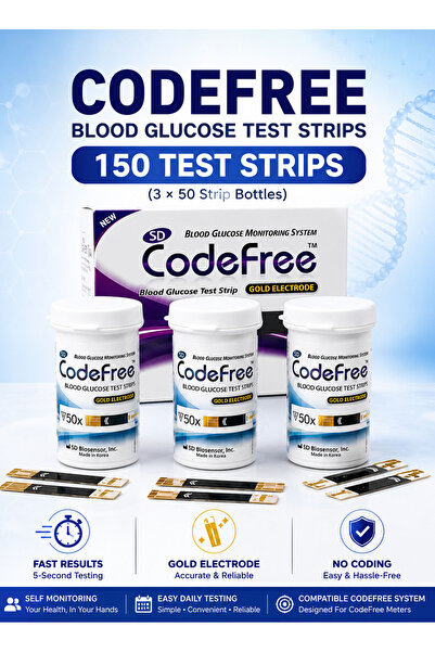 SD BIOSENSOR Pack of 3 CodeFree Blood Glucose Test Strips 150 Count 3x50 Gold...