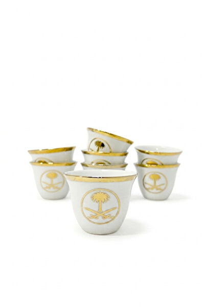 Generic Arabic Gahwa Coffee Cup Set 12 Pieces - Saudi Emblem Gold Design - Wh...