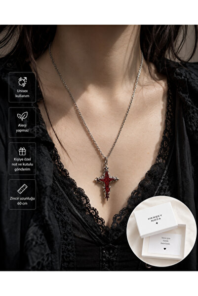 HER ŞEY NOTA www.herseynota.com Kırmızı Gotik Haç Kolye – Diken Detaylı Unise...