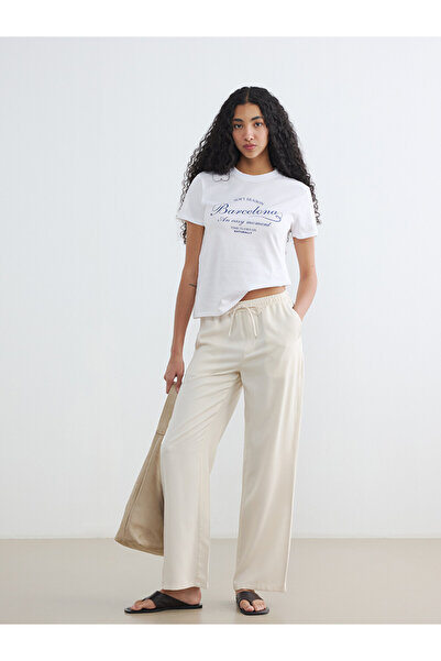 LC Waikiki Beige Elastic Waist Wide Leg Women's Trousers