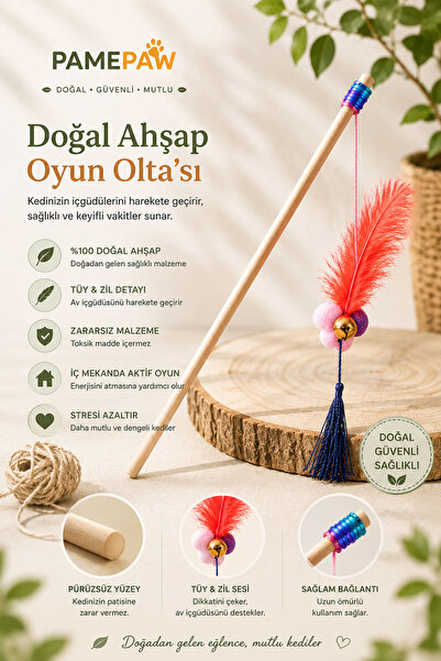 PAMEPAW Kedi Oyun Oltası 40 Cm Renkli Tüylü , Zilli Kedi Oyuncağı
