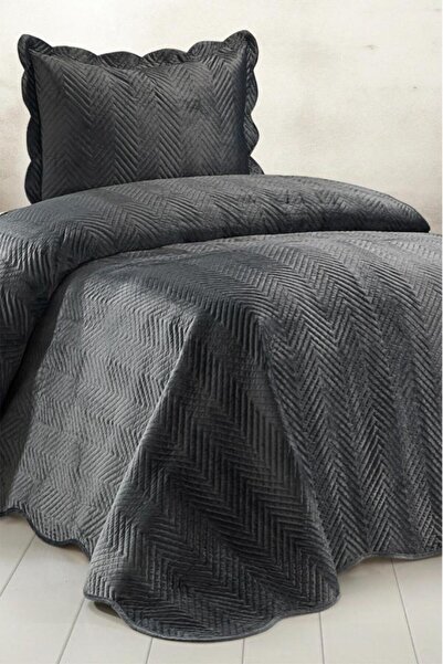 Çeyiz Diyarı Nora Luxury Velvet Single Bedspread Dark Gray