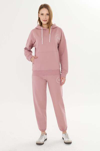 TRENDHİLL Women's Cotton Hooded Sweatshirt Set with Pockets Pink 8513-P