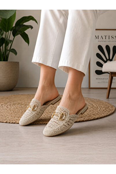 Oslo Kadın Hasır Örgü Gold Tokalı Terlik – Yazlık Günlük Şık Mule Terlik