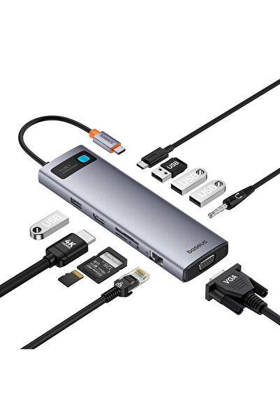 Baseus Hub Adaptor USB-C la HDMI, VGA, USB, RJ45, SD, TF, 3.5mm, Transfer rapid
