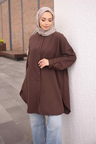 İmajButik تونيك كاجوال أساسي بأزرار بنية اللون