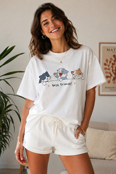 ArtYus Best Friends Cat Printed Unisex Oversize T-Shirt – Cotton Crew Neck Ca...