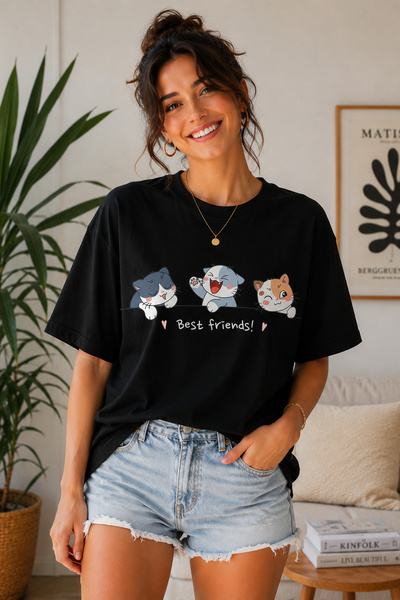 ArtYus Best Friends Cat Printed Unisex Oversize T-Shirt – Cotton Crew Neck Ca...