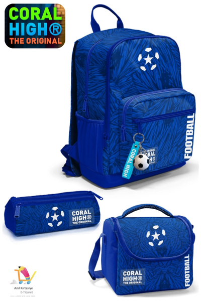 Coral High Kids Navy Blue Saks Football Patterned School Backpack, Lunch Bag,...