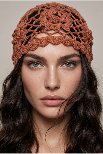 Alice İsstanbul Brown Knitted Floral Summer Beanie&Hat