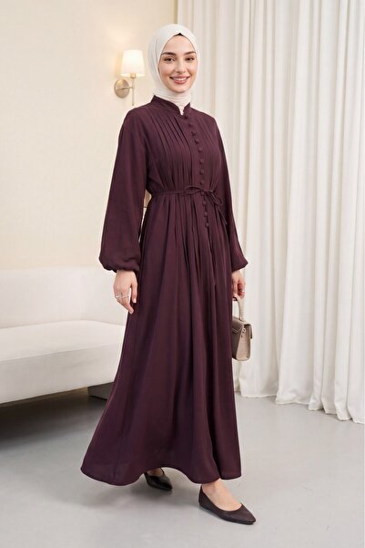 Modamorfo Half Buttoned Ribbed Belted Modal Dress -Plum