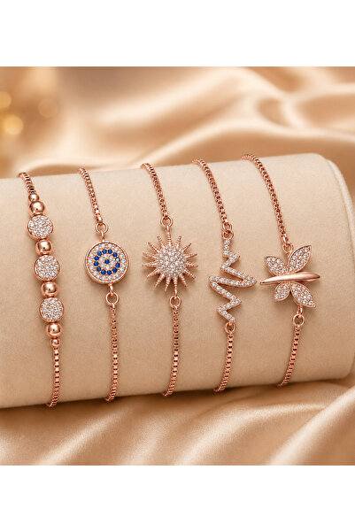 Merand Women's Rose Gold Color 5-Piece Steel Bracelet Set with Zircon Stone, ...