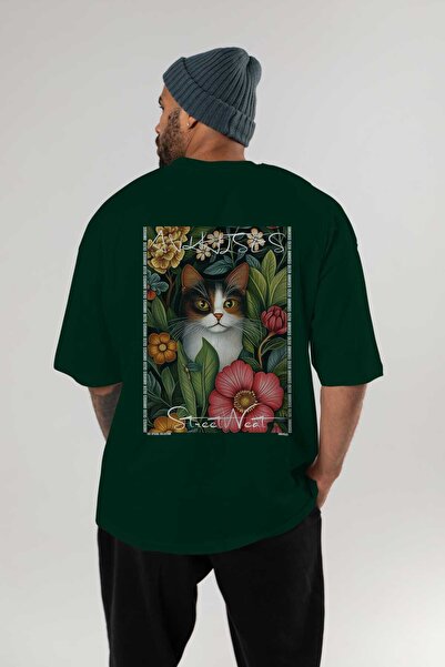 Ankhises For the Love of Cats 6 Cats Printed Green Oversize T-Shirt 100% Cott...