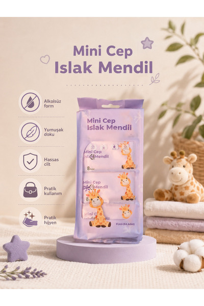 mammam always by your side 8’li Mini Cep Islak Mendil, Mor, Zürafa, Alkolsüz,...