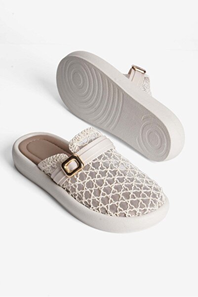 Mubiano Women's Mesh Knitted Slippers with Gold Buckle, Daily Stylish Louria Beige