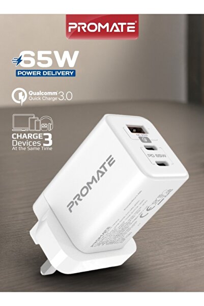 Promate شاحن GaN بقوة 65 واط مع منفذ USB-C، شاحن سريع عالمي قوي بتقنية GaN مع...