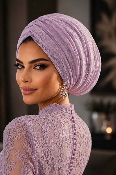 Aişe tesettür Lilac Lace Double Layer Draped Gathered Loose Bonnet