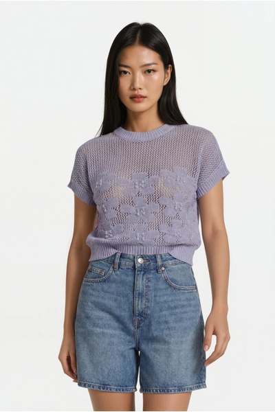 Sea Style Floral Patterned Openwork Knitwear Blouse