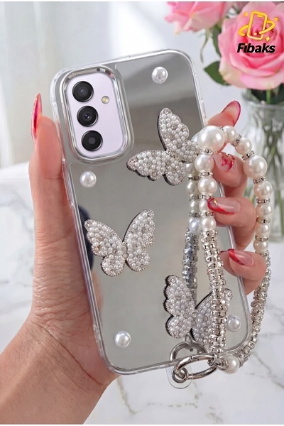 Galaxy A37 Case Mirrored Charm Butterfly Strap Pearl Design 3D Patterned Silicone Cover