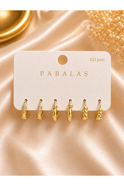 PABALAS Premium 6'lı Gold Renk Çelik Halka Küpe Seti Zirkon Taşlı Minimal Kar...