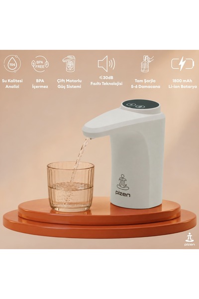 Pizen Flow USB Şarjlı Otomatik Damacana Su Pompası TDS Ölçer 250ml 500ml 1L 2...