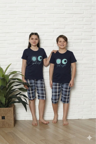 Serena Children's pajamas with short sleeves and 3/4 pants - navy blue