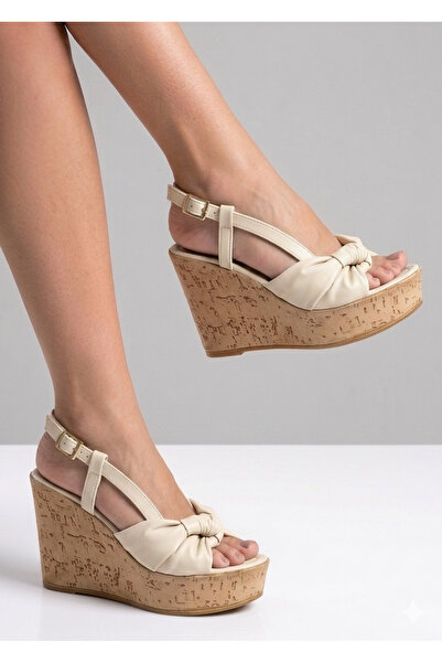 guijarro Beige Premium Wedge Heel 9 cm Sandals Straw Look Shoes with Drawstri...