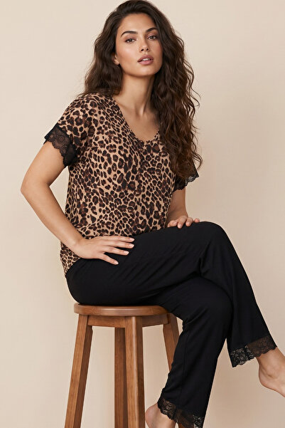 Siyah İnci Leopard Patterned Lace Detailed Viscose Knitted Pajama Set26119117