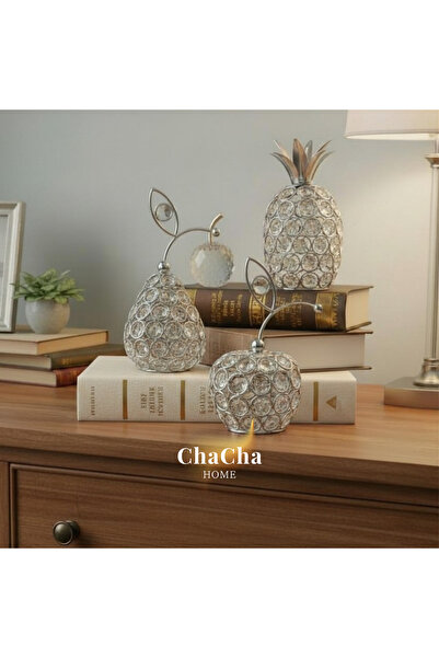 ChaCha Home 3’lü Set Kristal Taşlı Elma Armut Ananas Dekoratif Obje Salon ve ...