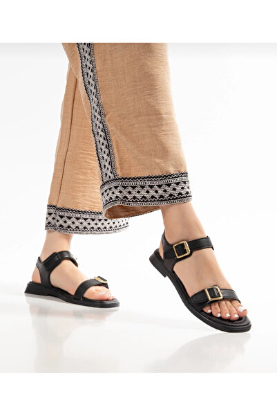 BAKKA Sandale de damă negre cu detaliu de cataramă dublă