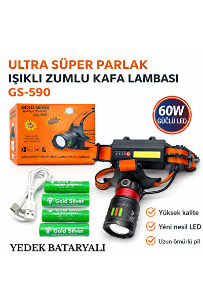 farissu Gold Silver GS-590 60W 6000 Lümen Ultra Güçlü Zumlu Şarjlı Kafa Lamba...