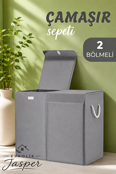 JASPER Mega Boy 100 Lt Katlanabilir 2 Bölmeli Çamaşır Sepeti – Gri, Su Geçirm...