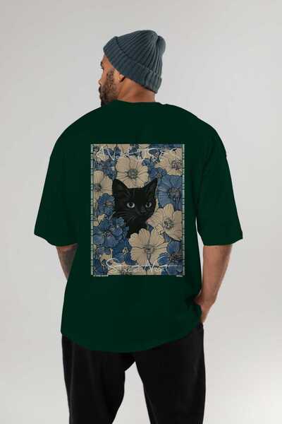 Ankhises 4 Cats for the Love of Cats Printed Green Oversize T-Shirt 100% Cott...