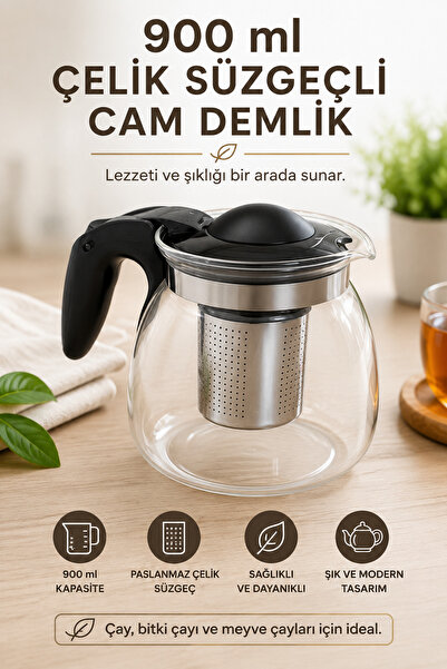 MAKRİ HOME 900 ml Glass Teapot with Steel Strainer