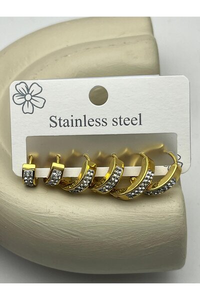 BİJU YILMAZ 26Clk45 Zircon Stone Gold Steel Earring Set
