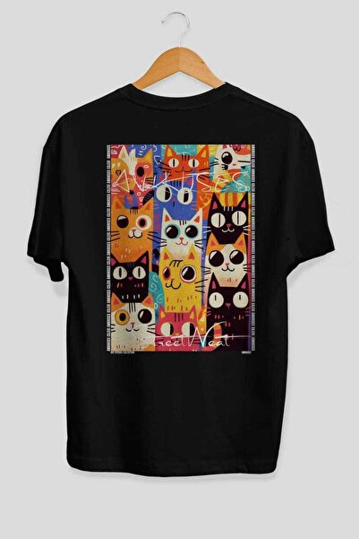Ankhises 42 Cats for the Sake of Cat Love Printed Black Oversize T-Shirt 100%...