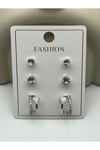 BİJU YILMAZ 26Vipkp93 - 3-Piece Silver Zircon Steel Earring Combination