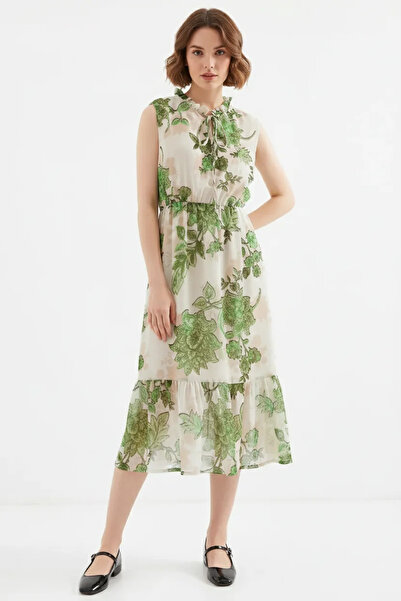 buğrahayalin Women's Zero-Sleeve Gathered Waist Ruffle Detailed Hem Floral Pa...