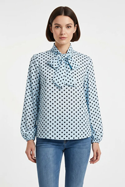 buğrahayalin Women's Scarf Collar Polka Dot Blue Blouse