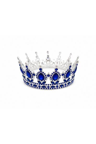 OEM Coroana decorativa argintie cu cristale albastre cobalt 12 cm