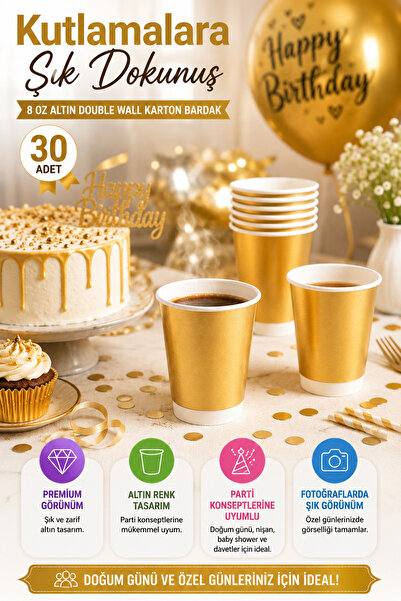 OpenCity 30'lu Altın Double Wall Karton Bardak 8 Oz 230 ml Parti Doğum Günü D...