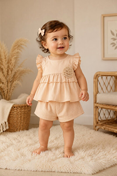 Tuğra Bebe Cream Ruffled Floral Appliqué Baby Girl Shorts Set