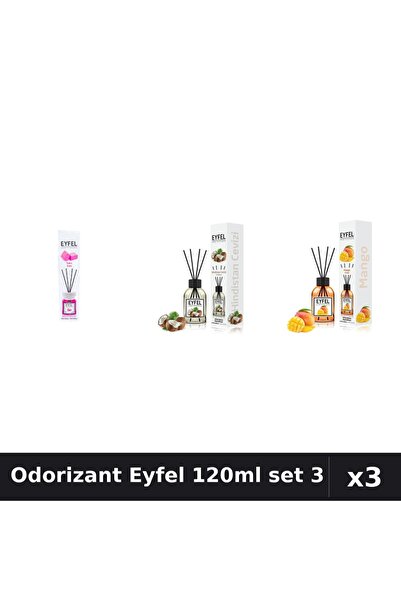 Eyfel Set 3 Odorizant Cameră Betișoare 120ml - Bubble Gum, Mango, Nucă Cocos