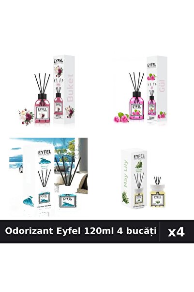 Eyfel Set 4 Odorizant Cameră Betișoare 120ml - Bouquet, Trandafir, Ocean, Lac...