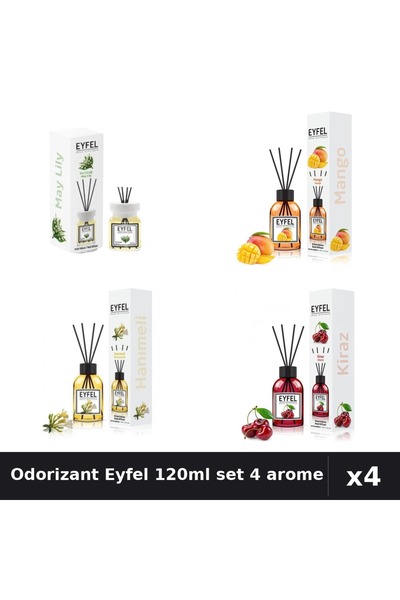 Eyfel Set 4 Odorizant Camera Betisoare 120ml - Lacramioare, Mango, Cireșe, Mâ...