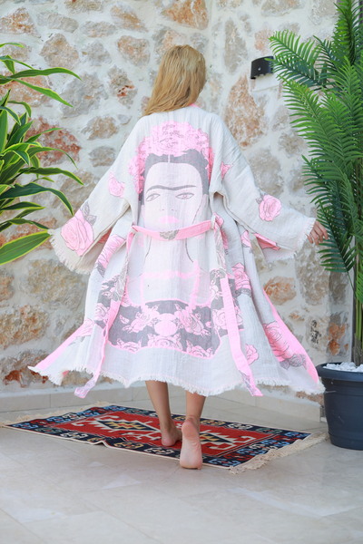 Denizli Kimono 3 طبقات من قماش الموسلين المنسوج 100% قطن بنمط فريدا كاهلو، كي...