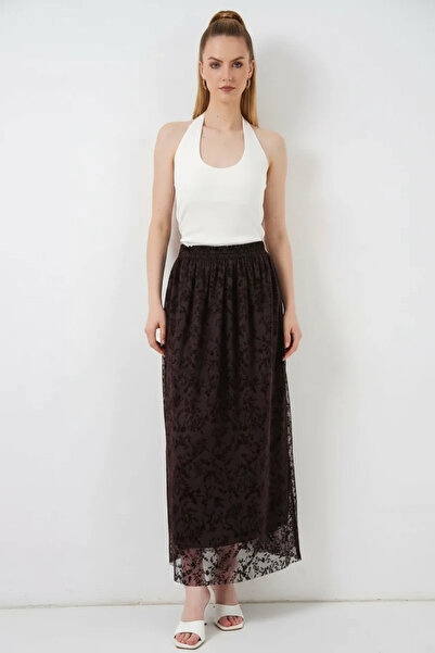 buğrahayalin Women's Lined Flocked Printed Cotton Brown Skirt